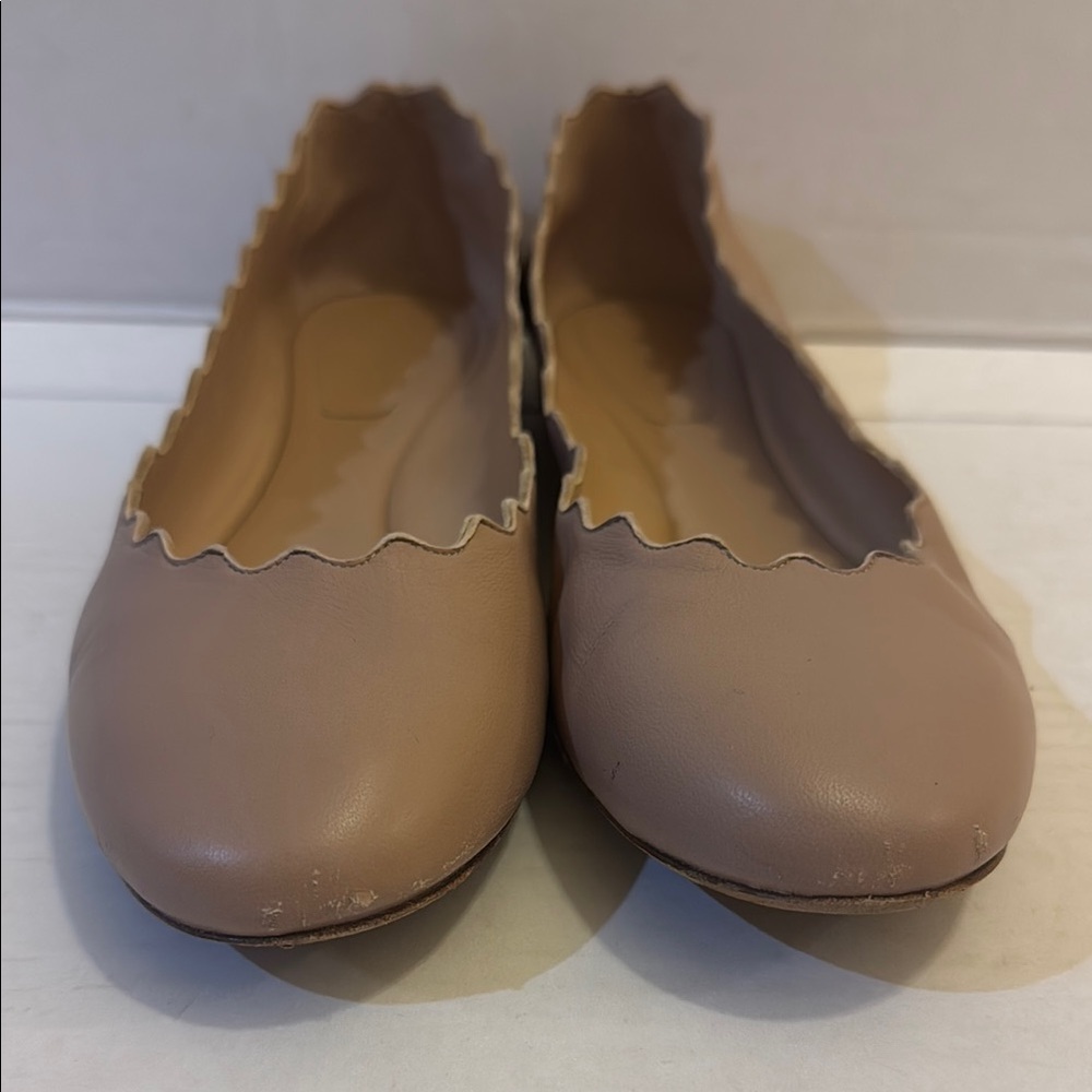 Chloe Lauren Ballerina Leather Scalloped Ballet Flats in Beige Size 38 - Picture 6 of 16